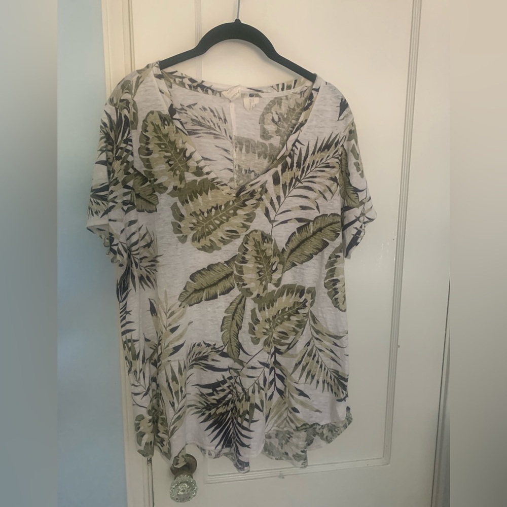 C&C California 100% Linen Tropical Print Short Sleeve Top 1x